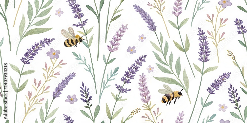 Poster a delicate floral pattern featuring lavender and bees, showcasing soft colors and intricate botanica