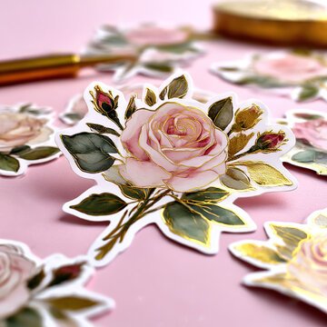 Vintage botanical stickers with watercolor roses and gold foil accents, pastel pink background