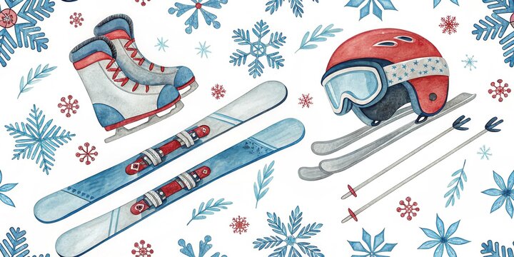 A colorful illustration featuring winter sports equipment: skis, a helmet, ski poles, and skates, set against a backdrop of snowflakes.