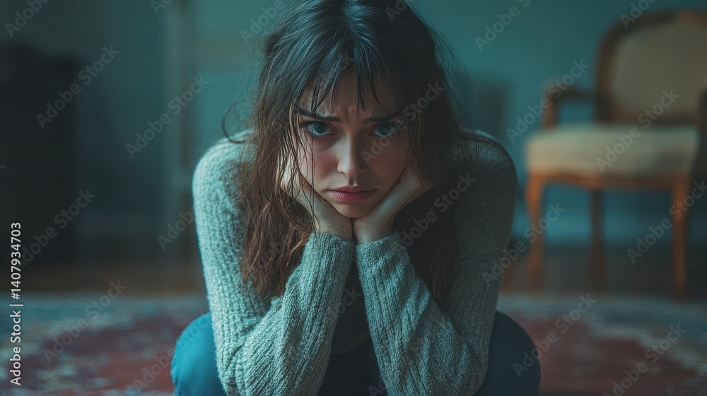 Poster exploring the depths of emotion in a womans struggle,depression,stock image