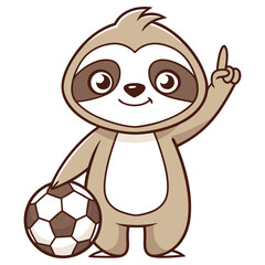 Cheerful Sloth Cartoon Mascot Holding Soccer Ball Raising Finger on White