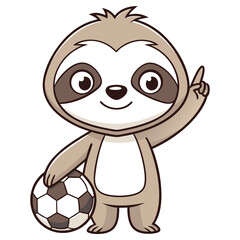 Cartoon Sloth with Soccer Ball Pointing Upward on Transparent Background