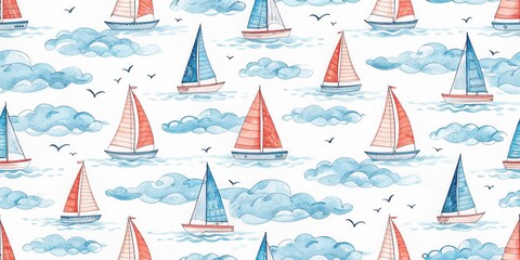 A colorful pattern featuring various sailboats amidst fluffy clouds and seagulls, evoking a serene nautical theme.