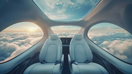 Naklejka premium Futuristic personal aircraft interior, cloud view from cockpit.