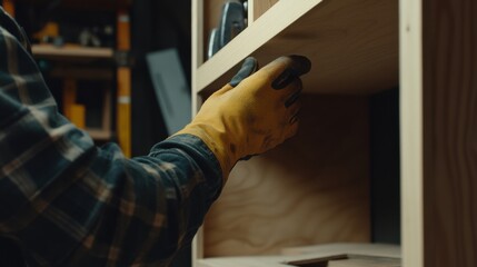 Obraz premium A carpenter assembling a wooden shelf in a workshop. Featuring woodworking skills and DIY projects
