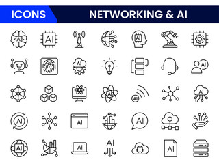 Minimalist vector line icon set depicting artificial intelligence concepts—brain, chip, automation, neural network, machine learning. Ideal for tech presentations, apps, and digital platforms.