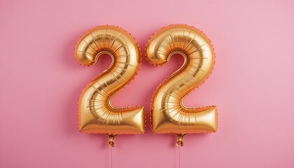 balloon in a shape of number 22 on pink background for birthday celebration.