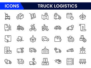 A clean vector line icon set representing logistics services—delivery trucks, shipping, warehouse, inventory, and tracking—is perfect for apps, websites, and supply chain visuals.