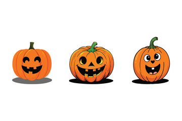 Spooky Trio of Joy: Three Cartoon Pumpkins with Carved Faces Bring Halloween Spirit and Festive Fun to a Simple White Background.