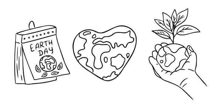 Set of eco doodles including Earth Day calendar, heart shaped globe and hand holding sprouting planet. Concept of environmental care, sustainability and global awareness