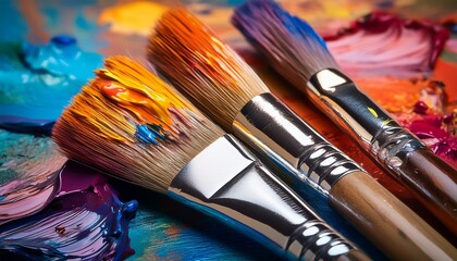 Fototapeta premium vibrant artist paintbrushes resting on a colorful palette covered in mixed paints