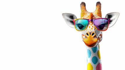 Close-Up Of A Playful Giraffe Wearing Colorful Sunglasses On A White Background With Vibrant Polka Dots
