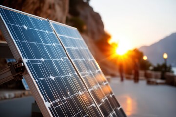 Solar panel installation at sunset coastal area photography scenic view renewable energy concept