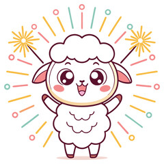 Cheerful Cartoon Lamb With Sparkles On Transparent Background, Smiling, Raised Arms