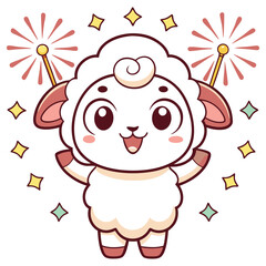 Joyful Lamb Holding Sparklers Surrounded By Stars on White Background Celebration