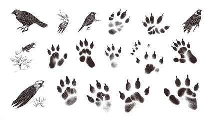 Various animal tracks and bird illustrations.