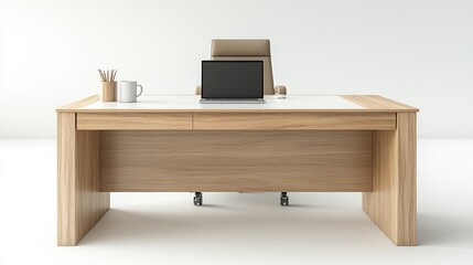 Modern wooden office desk with laptop and chair