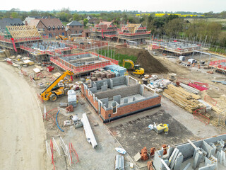 Low level aerial view of a British housing development site in the east of the country. Showing...