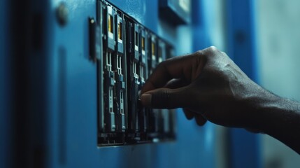 Hispanic electrician fixing a circuit breaker in a panel. Featuring electrical work and repairs