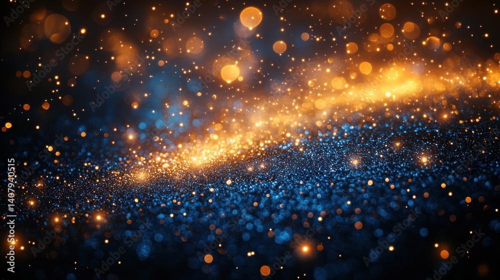 Poster fond lumineux abstrait avec des bokeh dores et bleus dans l obscurite representant la magie et l ill