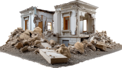 Abandoned Ruin: A hauntingly beautiful scene unfolds, revealing a decayed building, partially destroyed. The crumbling structure, marked by time, is surrounded by the scattered rubble.