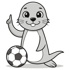 Cartoon Seal Presenting Soccer Ball, Pointing Finger Isolated on White Background