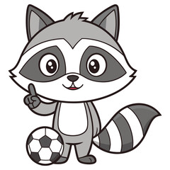 Cute Raccoon with Soccer Ball Pointing Up, Cartoon Animal, Gray & White