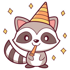 Cartoon Raccoon with Party Hat and Blower, Celebration Diamonds on White