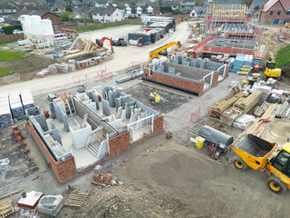 Low level aerial view of a British housing development site in the east of the country. Showing...