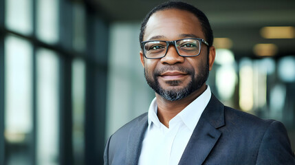 Fototapeta premium Portrait Of A Confident Mature African American Businessman Wearing Glasses And A Suit In A Modern Office Setting With A Blurred Background