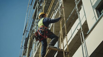 Construction worker lifting scaffolding pieces at a construction site. Featuring teamwork and site organization