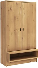 A wooden cabinet with a shelf and a bench