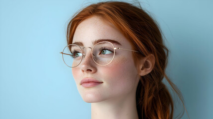 Obraz premium Portrait Of A Young Woman With Red Hair And Glasses Against A Soft Blue Background
