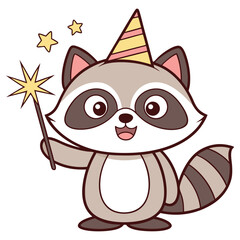Cartoon Raccoon Character with Party Hat Holding a Magic Wand on White Background