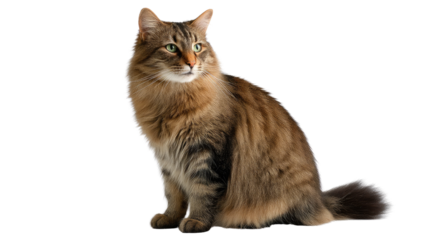 Feline Grace in the Spotlight: A captivating Siberian cat, with its luxuriously thick coat and piercing green eyes, sits majestically against a clean background.