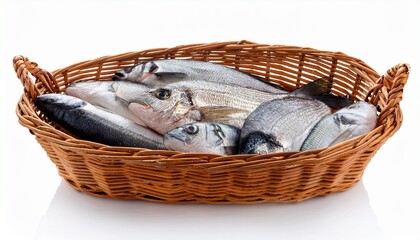 wicker basket with fresh fish on white background
