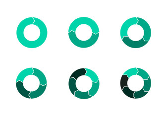 Set of pie chart diagrams. Circles arrow cut separated on1,2,3, 4,5, 6, with empty middle,simple flat design vector illustration.