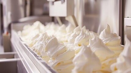 A close up shot of a row of white whipped cream peaks on a conveyor belt in a factory setting