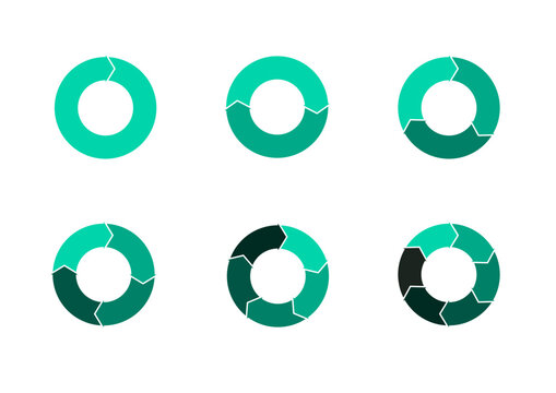 Set of pie chart diagrams. Circles arrow cut separated on1,2,3, 4,5, 6, with empty middle,simple flat design vector illustration.