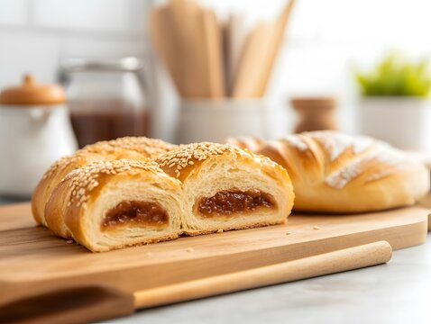 A delicious shio pan cross-section showcasing creamy red bean paste, with soft bread and sesame seed sprinkles for added texture.