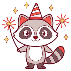 Raccoon Party Hat Holding Sparklers Cartoon Mascot Character on Transparent