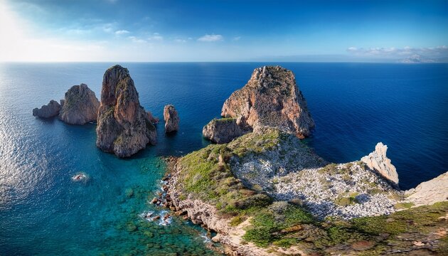 aerial view of tonnara di scopello and faraglioni rock formations sicily