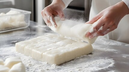 A baker's skilled hands shape shio pan dough on a floured countertop, preparing delicious traditional Japanese rolls for baking.