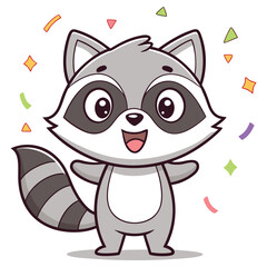 Cheerful Raccoon Standing Celebrating with Arms Up and Colorful Confetti Isolated on White