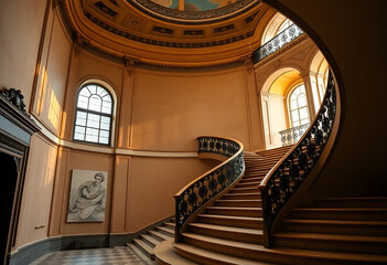 staircase in a building with a painting on the wall
