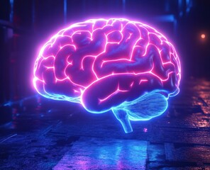 3D Bright Blue Brain with Neon Lighting and Cyberpunk Style