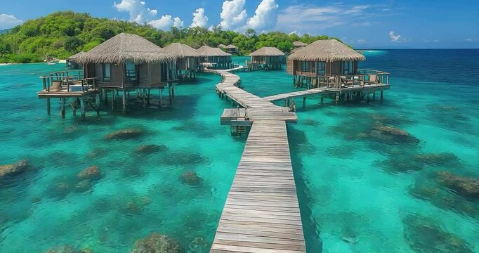 Tropical overwater bungalows wooden walkway turquoise water