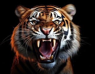 Obraz premium detailed portrait of a roaring tiger s face isolated on black background generative ai