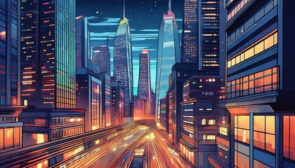 comic book style illustration of skyscrapers at night time with city lights on in windows