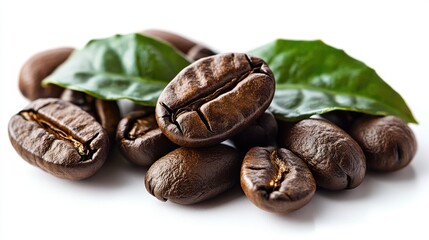 fresh roasted coffee beans,leaves isolated on white background transparent clipart